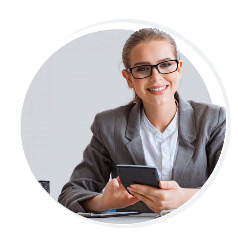 A professional businesswoman with glasses confidently holds a calculator, emphasizing her role as an accountant